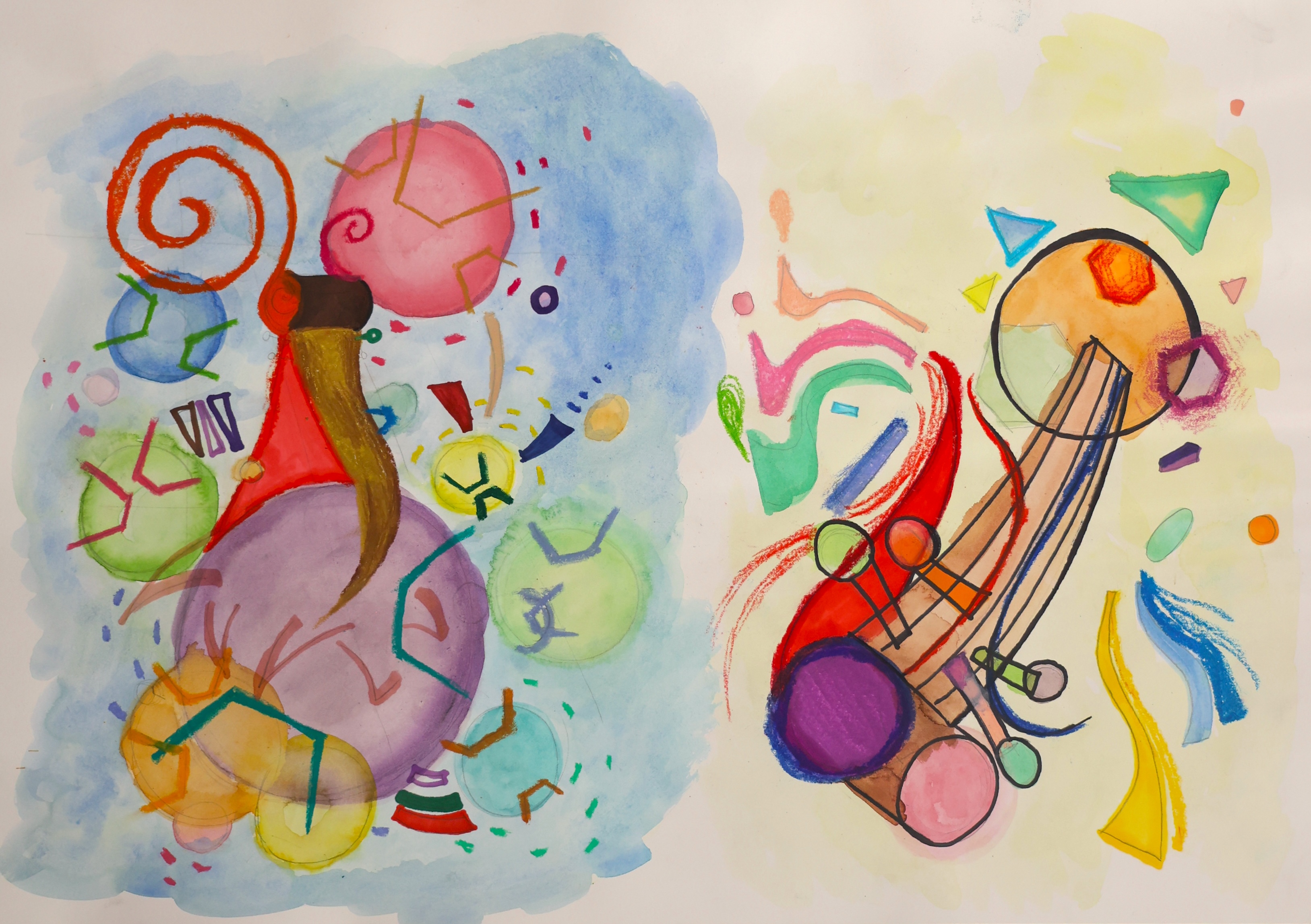Watercolor painting of abstract colorful shapes